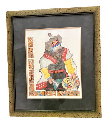 Hopi Kachina Kunst Feder & Tinte signiert R.T. Adams Stil von Homer Boelter Hopi Krieger