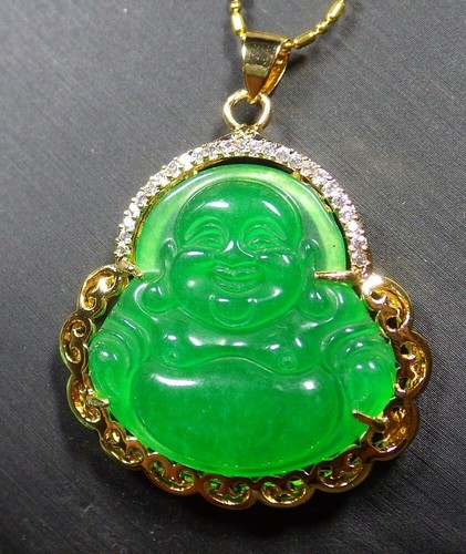 Gold Plate Green JADE Pendant Buddha 