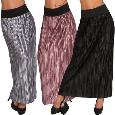 Rock Damen Maxi Plissee glänzend Satin Look Gummizug Bund elastisch Streifen