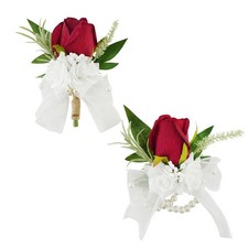 Floinla Burgundy Corsage and Boutonniere Set for Wedding Prom, Artificial Ros...