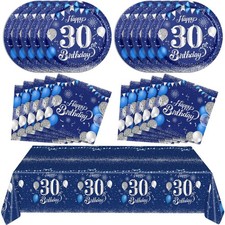 Navy Blue Silver 30th Birthday Decorations for Men Tablecloth Plates Napkins