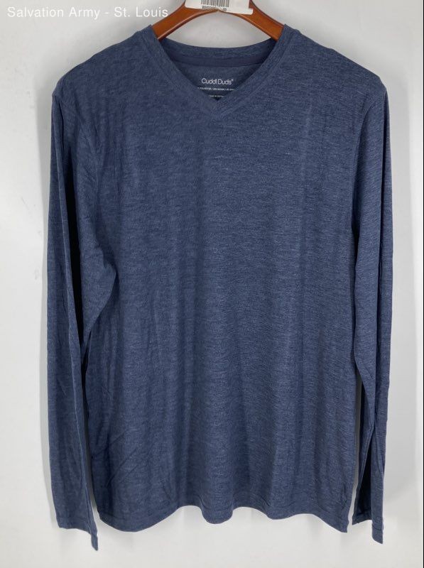 Cuddl Duds Mens Blue Gray Red Long Sleeve Sleepwear 2-Piece Pajama Set Size L