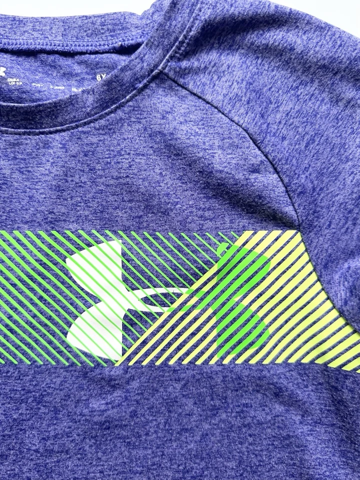 Under Armour 6X Active Shirt Girl's Purple Green Short Sleeve Logo - Image 3 of 4
