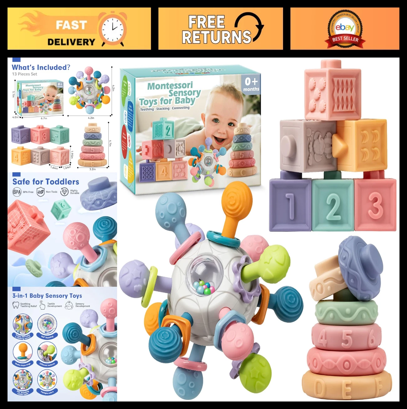 Montessori Baby Sensory Teething Toys Set for 0-18 Months, Rattle, Blocks & Ring
Opens in a new wind