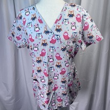 Womens Just Be Scrub Top Size L Gray Owls V Neck Pull Over Pockets Short Sleeve