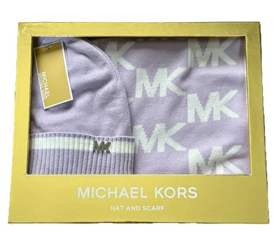 #ad NWB Michael Kors Women#x27;s Border Diagonal MK Cuff Hat amp; Scarf Set Purple White $30.00