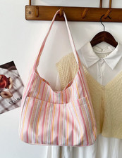 Women's Pink Striped Canvas Shoulder Tote Bag Casual Large Hobo Handbag for Dail
