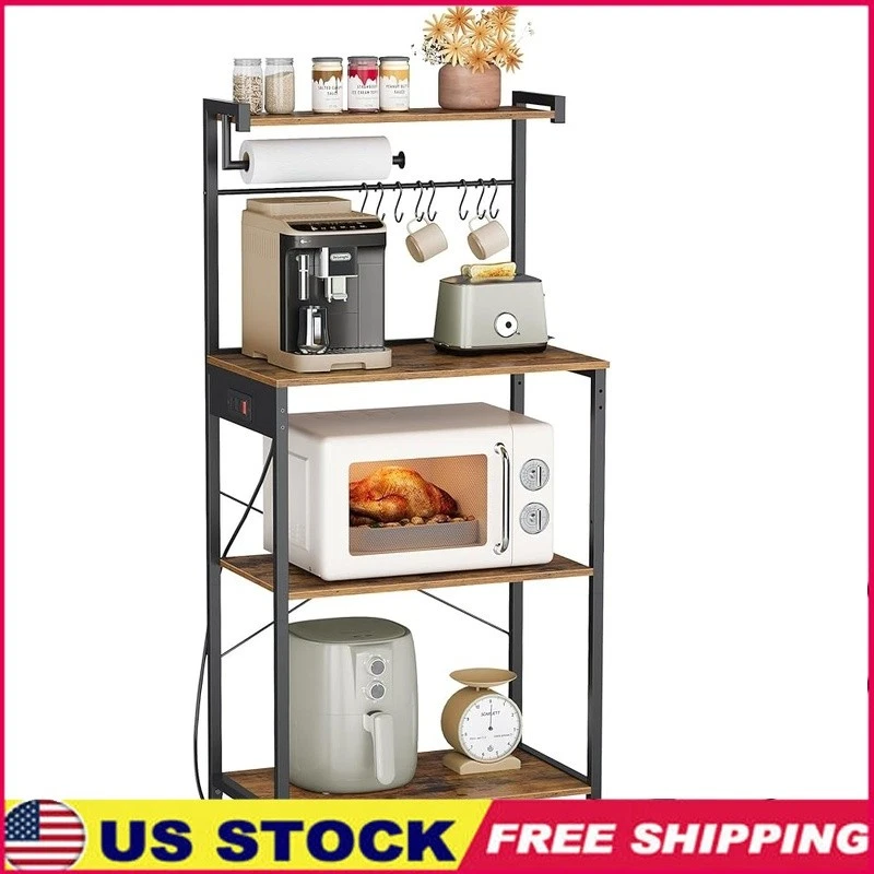 Kitchen Baker's Rack Storage Organizer W/ Power Strip Adjustable Shelves S Hooks