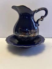 Vintage Cobalt Blue Peacock And Floral Pitcher And Wash Basin Unbranded
