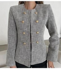 Zara Textured Tailored Round Neck Blazer Grey Ecru /Black 2229/125 XL Gold Work