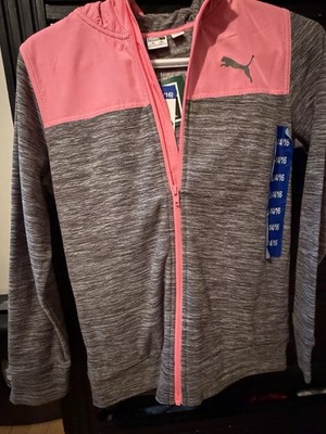PUMA Girls Full Zip Hooded Colorblock Hoodie Pink/Gray Logo Size L (14/16)