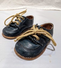 Vtg 1950s Buster Brown Navy Blue Leather Lace Up Toddler Shoes Footprint Sole