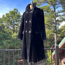 Vintage 70s Black Plush Faux Fur Belted Backside Midi Length Teddy Bear Coat