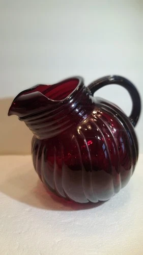Vintage 1940's Anchor Hocking Royal Ruby Swirl Ball Jug / Pitcher, Lg. 70+ oz