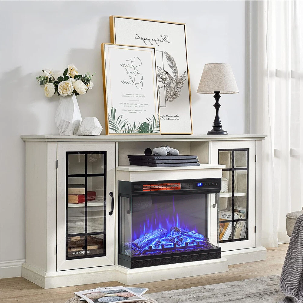 Electric Fireplace With TV Stand Unit Cabinet Fire Logs Heater Flame Living Room