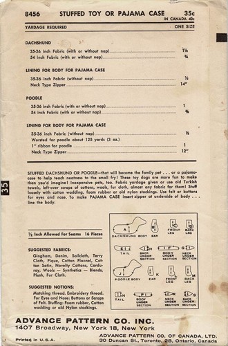 Pajama Bag Pattern or Stuffed Animals Dog POODLE Dachshund Advance 8456 Vtg 1957 - Picture 6 of 6