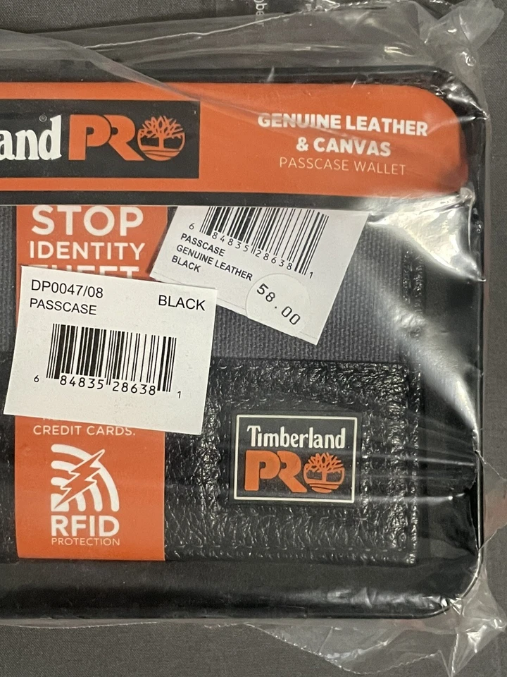 Nuevo Timberland Pro Cuero Genuino Lona Pasaporte Billetera Negro Protección RFID Foto 2 de 3