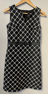 ANN TAYLOR Women Black White Window Pane Dress Faux Leather Belt Size 2 Petite