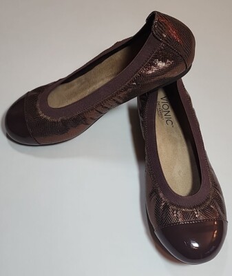 Vionic Allora Ballet Flats Orthaheel Slip Slide On Elastic Metallic Sz 6.5 Brown