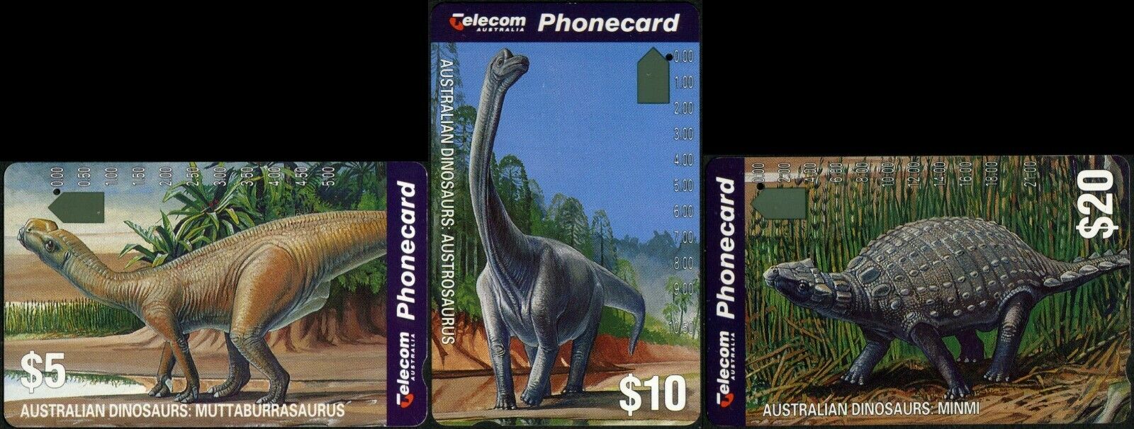 1994 Australia Dinosaurs Set Of 3 Phone Cards One Hole Used, Very Good Condition