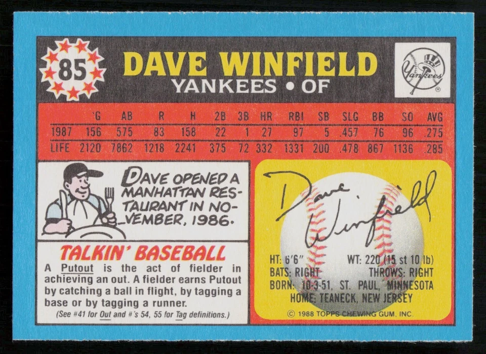 1988 Topps United Kingdom Minis - Dave Winfield #85 Yankees - Image 2 of 2