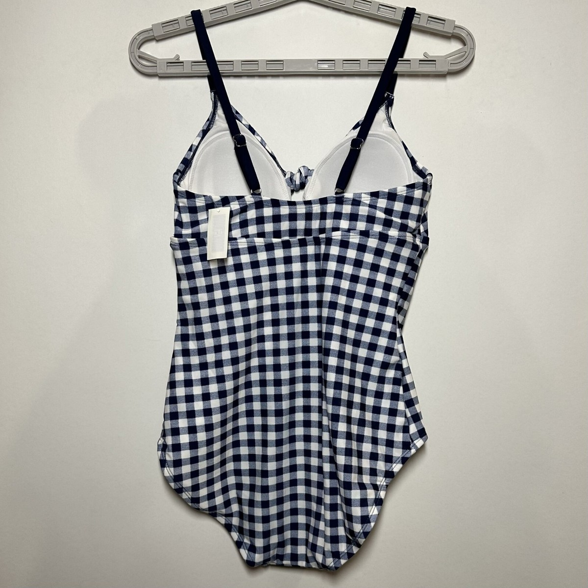 Women's Tie Front One Piece Swimsuit - Navy Gingham Print L, Blue