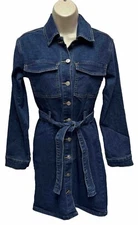 rue21 Mini Denim Shirt Dress Long Sleeve Collar Belt Pockets in Dark Wash New
