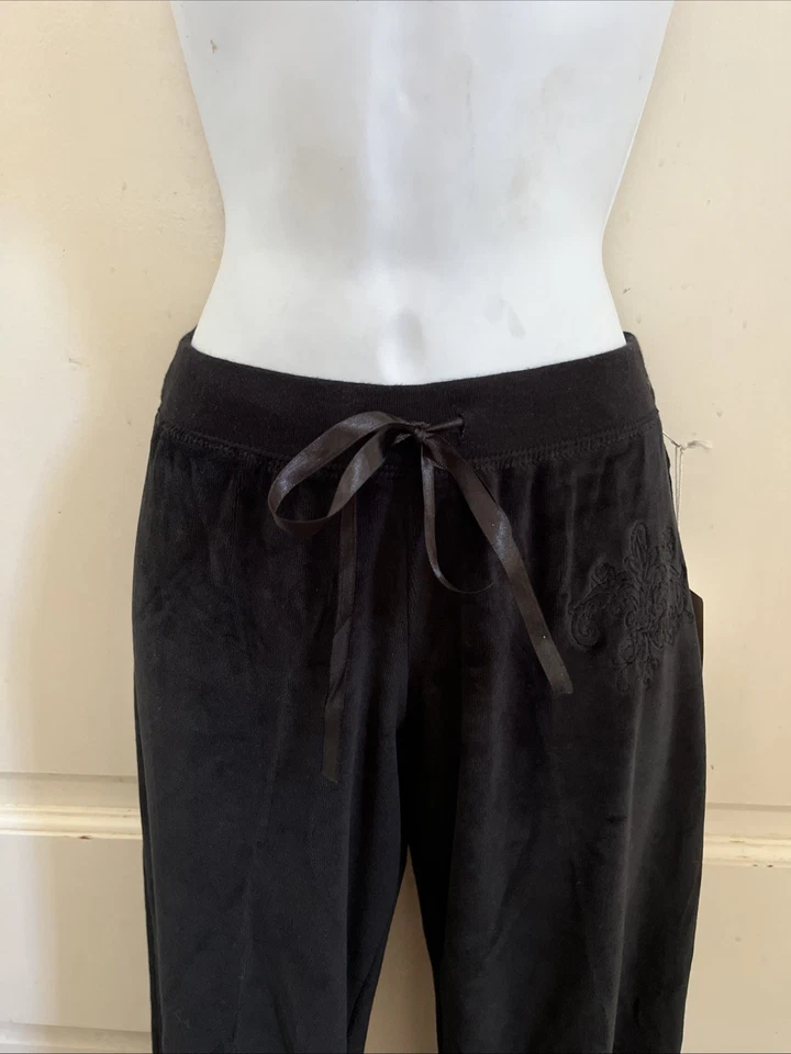 PJ SALVAGE NEW! Black Velvet Drawstring Embroidered Flared Leg Sweat Pants Sz S - Image 3 of 4