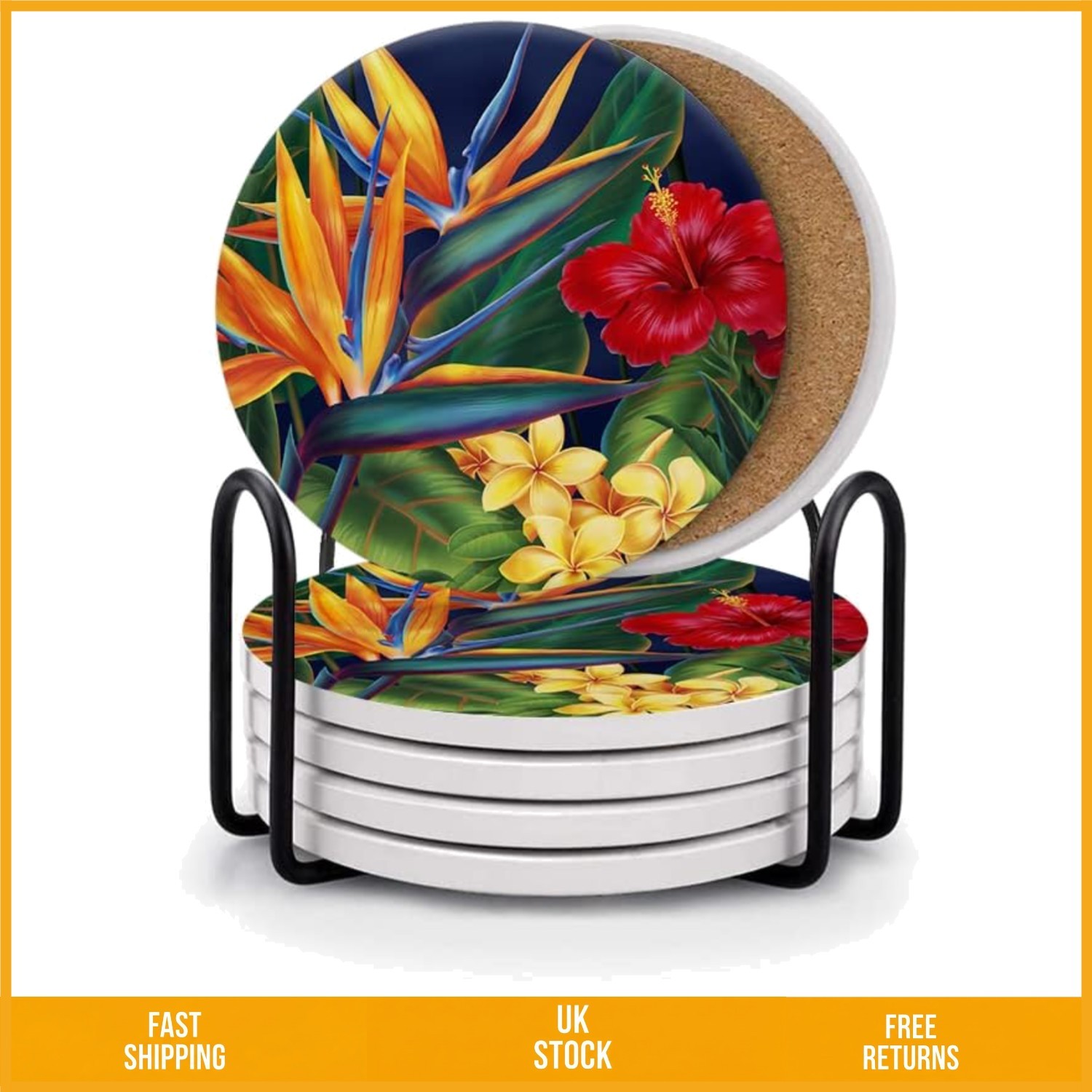 Vibrant Bird of Paradise Absorbent Ceramic Coasters with Holder Set of 6