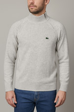Lacoste Men  s Gray Cotton Wool Knit Sweater Size 6 XL Mock Neck Pullover Logo