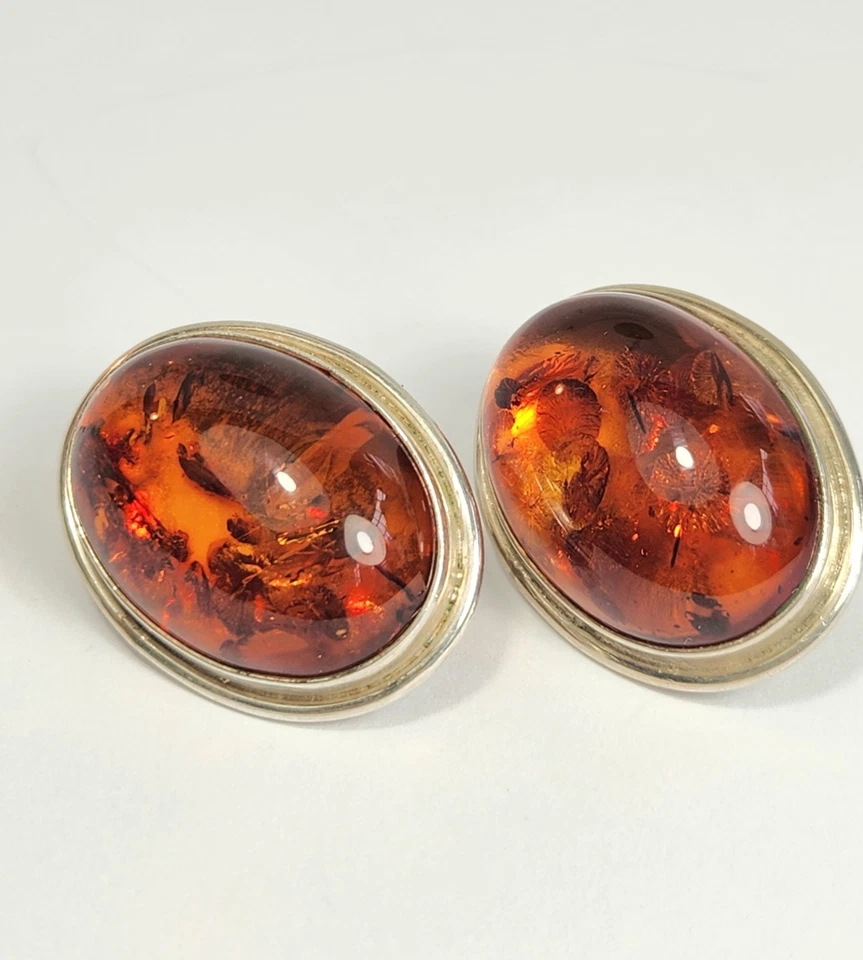PENDIENTES ÁMBAR BÁLTICO Grande Cabujón Ovalado Plata de Ley 925 De Colección Clip-on 1.25" Foto 3 de 4