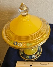 Vintage West Moreland Pedestal Covered Candy Dish Amber Glass W/Flowers