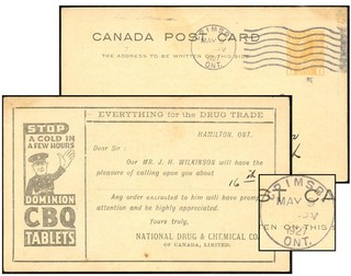 CANADA 1¢ 7mm ADMIRAL NA DRU CO MAY 1927 GRIMSBY P50