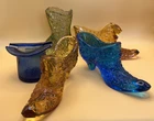 Lot of 5 Vtg FENTON etc Glass Shoes Slipper Boot Top Hat Amber, Cobalt, Green