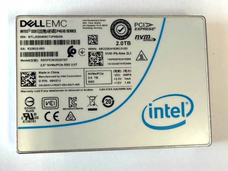 DELL EMC 2TB Intel SSD P4510 Series DC NVME U.2 2.5" SSDPE2KX020T8T 09H31J - image 1 of 4