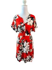Simply Vera Vera Wang Dress M Red Floral Linen Flare Tie Waist Midi Women's NWT