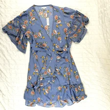 NEW Max Studio Gray Floral Short Slv Crepe Wrap Hi-Lo Dress Size XL V-Neck $138