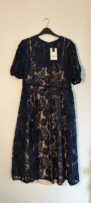 CurveWow Navy Floral Lace Midi Dress with Nude Slip - Image 1 of 4