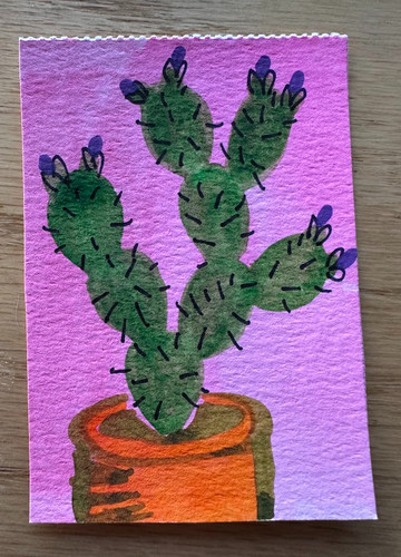 ACEO original OOAK Cacti on Pink #2 prickly pear (2/3) watercolor, plant
