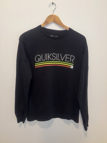 Quiksilver Long Sleeve Shirt Mens Medium Black Crewneck Graphic Surf Skater EUC