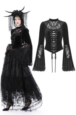 DARK IN LOVE Gothic Lace Bell Sleeve Hollow Out Sexy Velvet Top Women T-Shirt