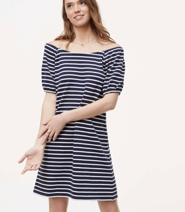 loft blue and white striped dress Ann Taylor Loft Off The Shoulder Striped Dress Blue White - Sz Small