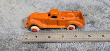Vtg Cast iron 30's pickup truck - orange w white wheels - 5" - Hubley 