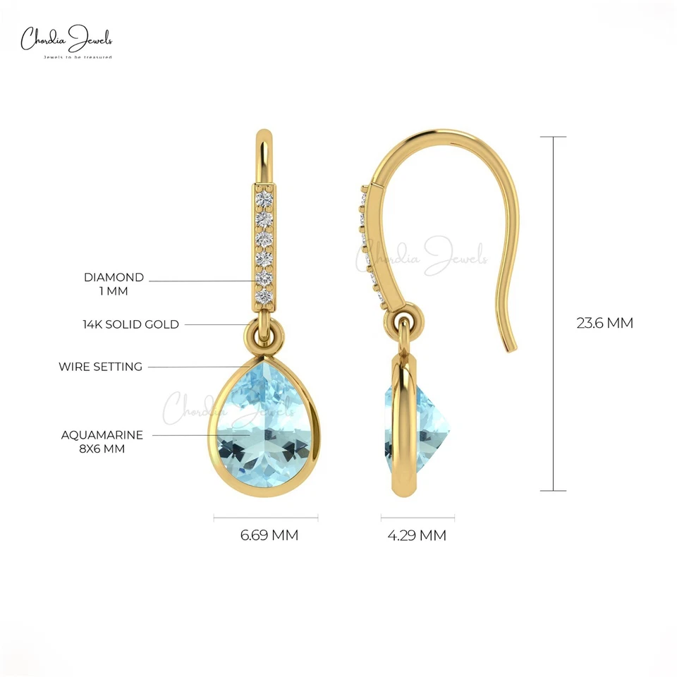 Drop/Dangle Natural Aquamarine & Diamond 14k Solid Gold Wedding Earrings For Her - Image 4 of 4