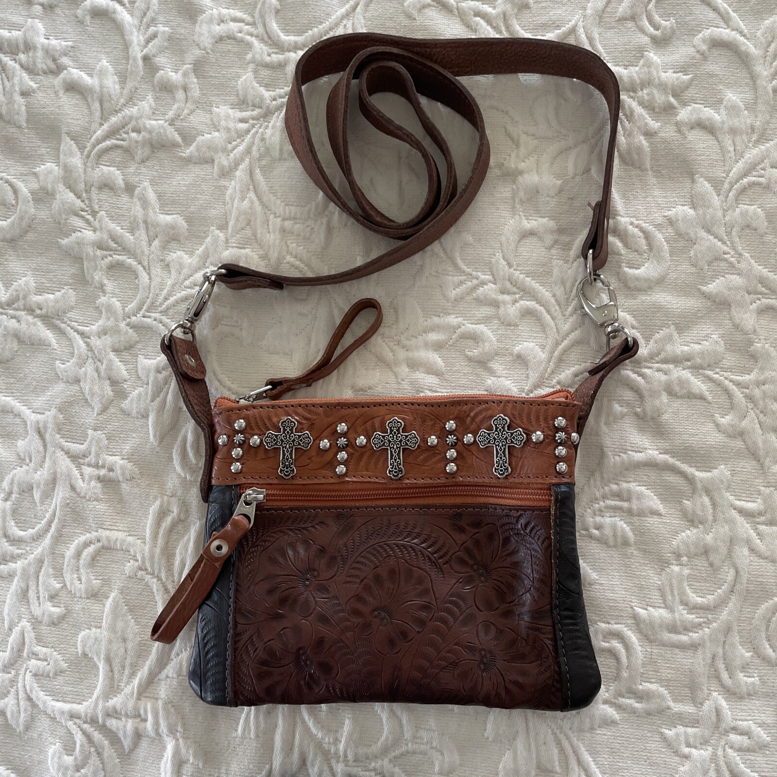 American West Crossbody Tooled Leather Concho Shoulder Bag Purse Southwestern