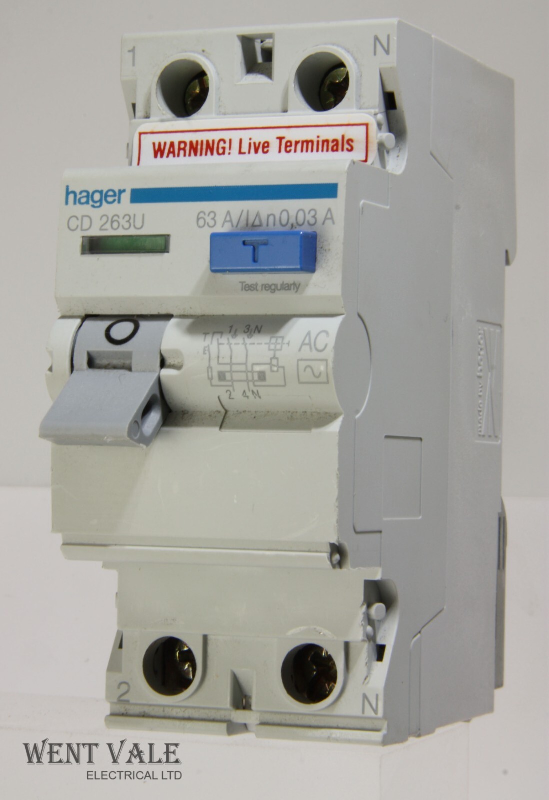 Hager CD - CD 263U - 63a 30mA Double Pole Class AC RCCB Used (Square TB)