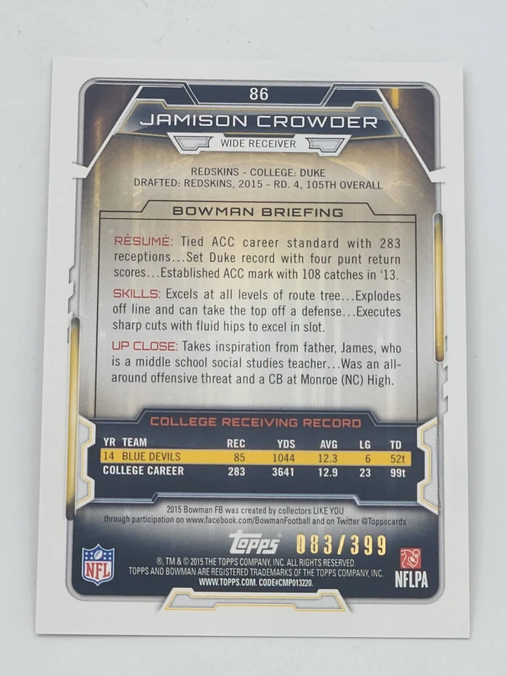 2015 Bowman Rookies Gold /399 Jamison Crowder #86 Rookie RC - Image 2 of 2