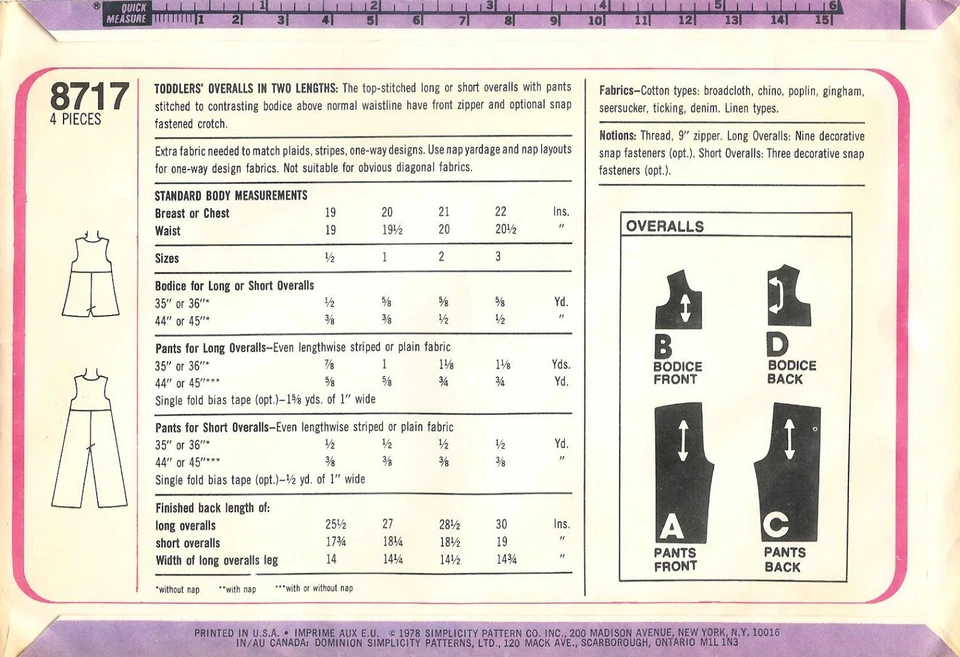 Simplicity # 8717 Sewing Pattern: Toddlers' Overalls In Two Lengths Size 1/2 & 1 - Image 2 of 2