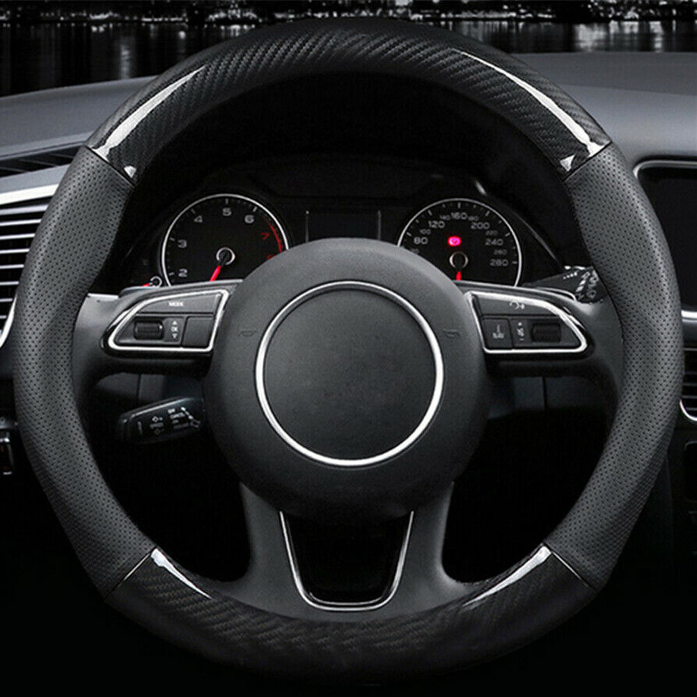 15" Black Carbon Fiber Leather Car Steering Wheel Cover Universal Interiors 38CM