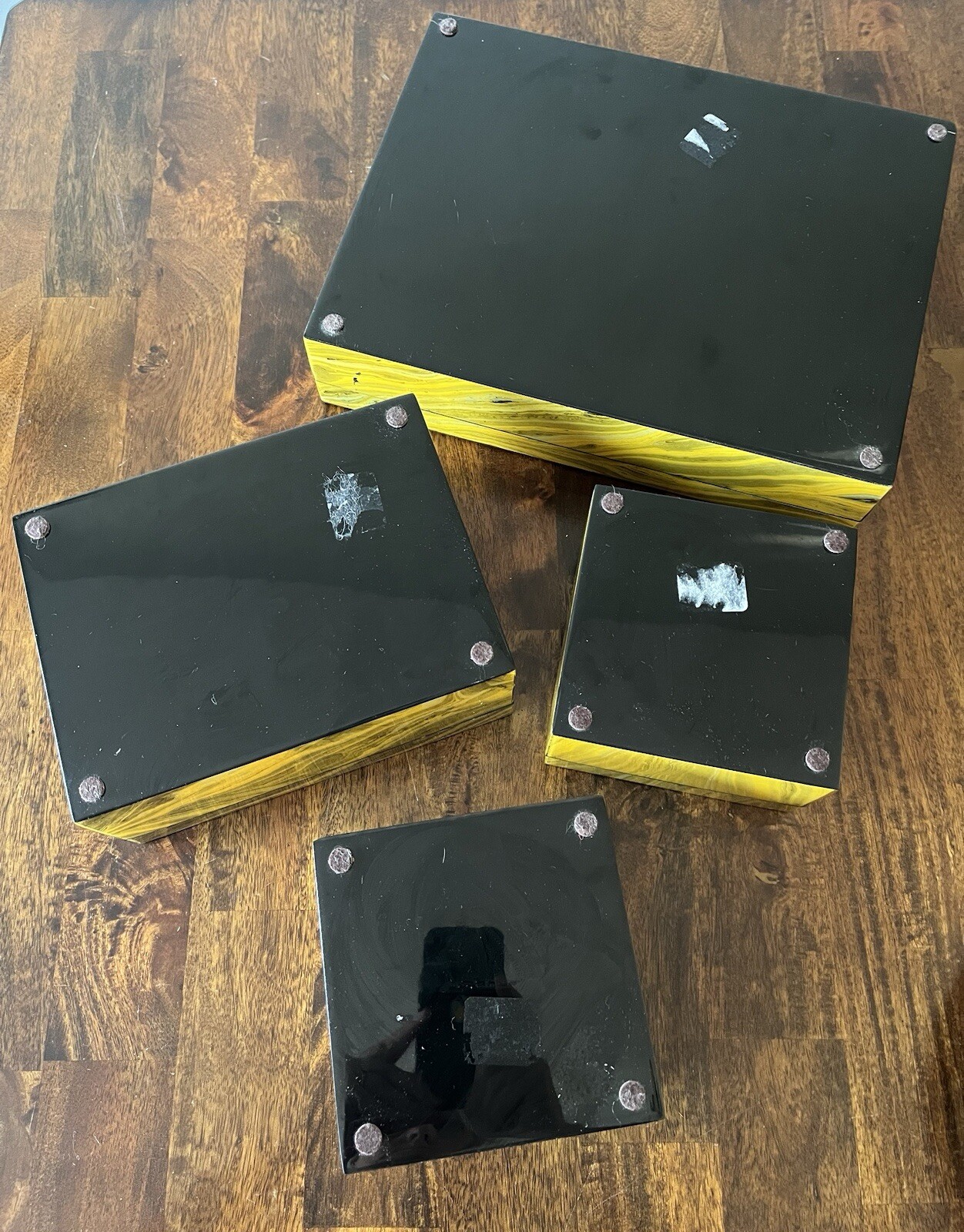 Set Of 4 Cats Eye Yellow Boxes Black Felt Lined Shiny Lacquered Finish